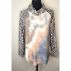 Cowl Neck Long Sleeve Small women's shirt top. Tie Dye with cheetah print. Soft